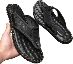 Mens Flip Flops Leather Thong Sandals Lightweight Water Shoes Open Toe Comfortable Summer Beach Slippers Slides for Pool Shower Dorm Sports Indoor Outdoor, Wide Strap Anti-Slip Sole
