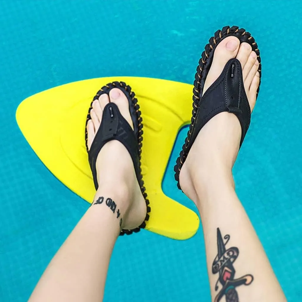 Mens Flip Flops Leather Thong Sandals Lightweight Water Shoes Open Toe Comfortable Summer Beach Slippers Slides for Pool Shower Dorm Sports Indoor Outdoor, Wide Strap Anti-Slip Sole