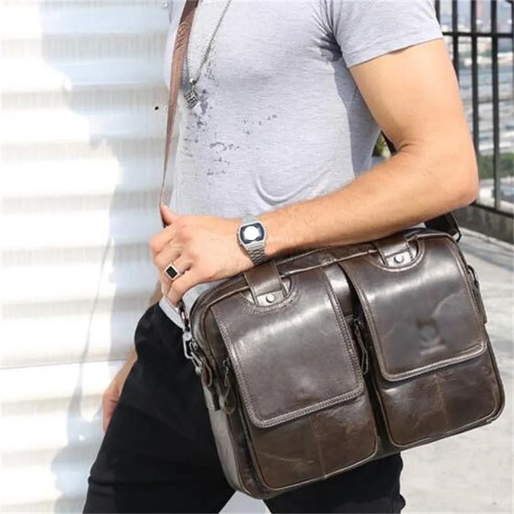 Men's Leather Multifunctional Single Shoulder Crossbody Men's Bag Layer Cowhide Fashion Handbag Briefcase(D)