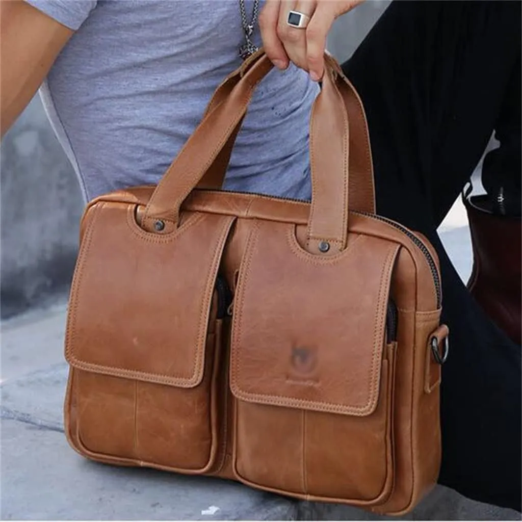 Men's Leather Multifunctional Single Shoulder Crossbody Men's Bag Layer Cowhide Fashion Handbag Briefcase(D)