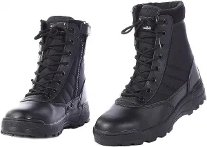 Mens Military Combat Tactical Army Infantry Boots Breathable Round Toe Side Zipper Waterproof Leather Lace-up Shoes for Backpacking Outdoor Hiking Camping Climbing Trekking Hunting Walking Footwear