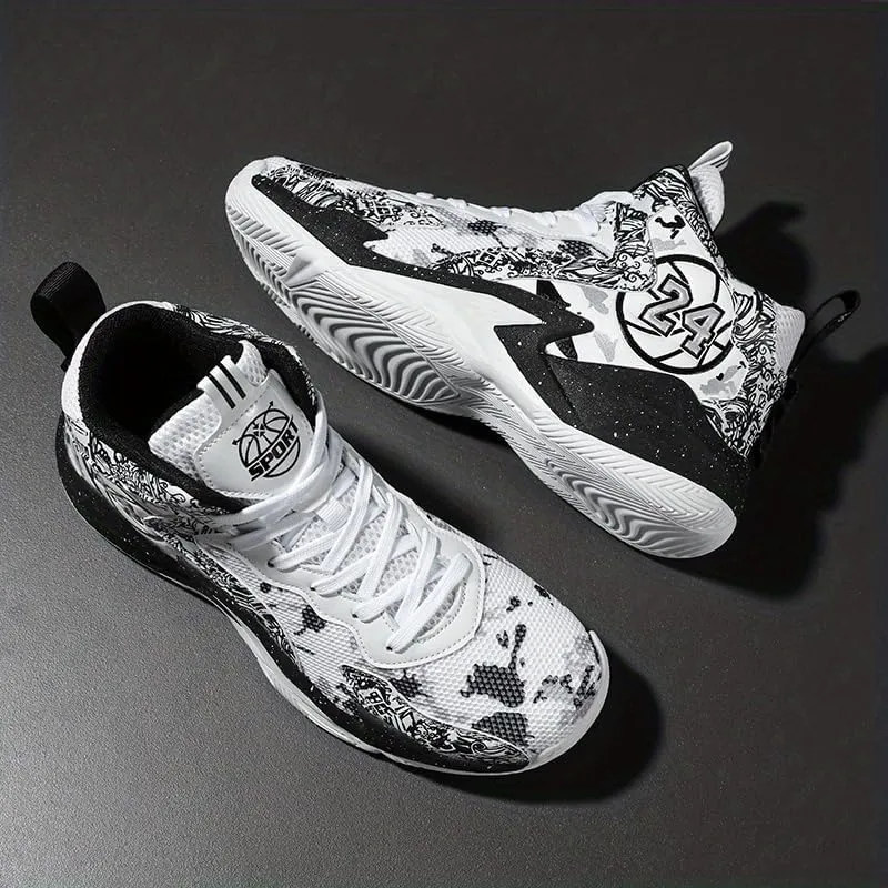 Men's Purple & White Basketball Sneakers  Camouflage High-Top Lace-Up Design | All-Season Comfort, Sports & Casual Wear