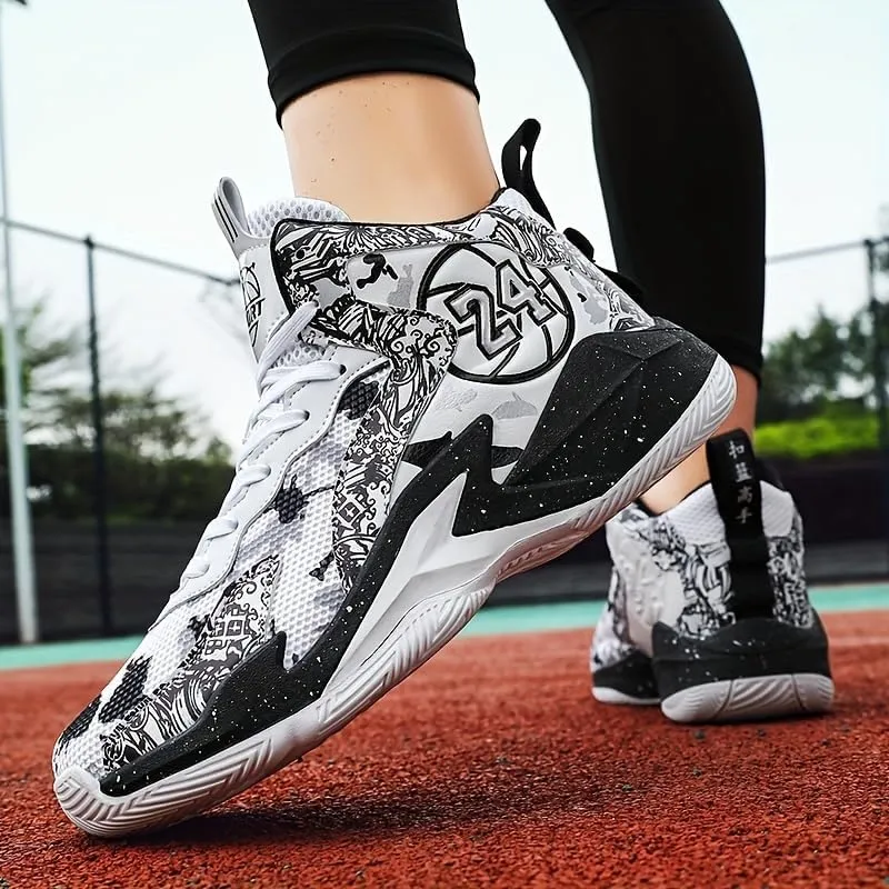 Men's Purple & White Basketball Sneakers  Camouflage High-Top Lace-Up Design | All-Season Comfort, Sports & Casual Wear