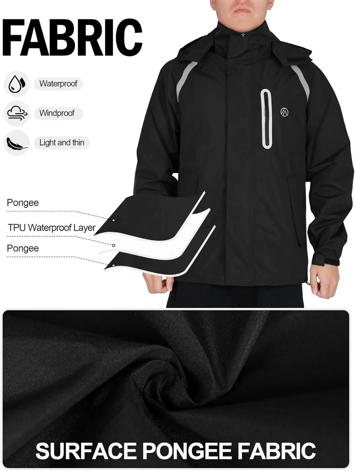 Men's Rain Jacket, Waterproof Windproof Reflective Hood Rain Coat, Lightweight Breathable Windbreaker with 4 Pockets