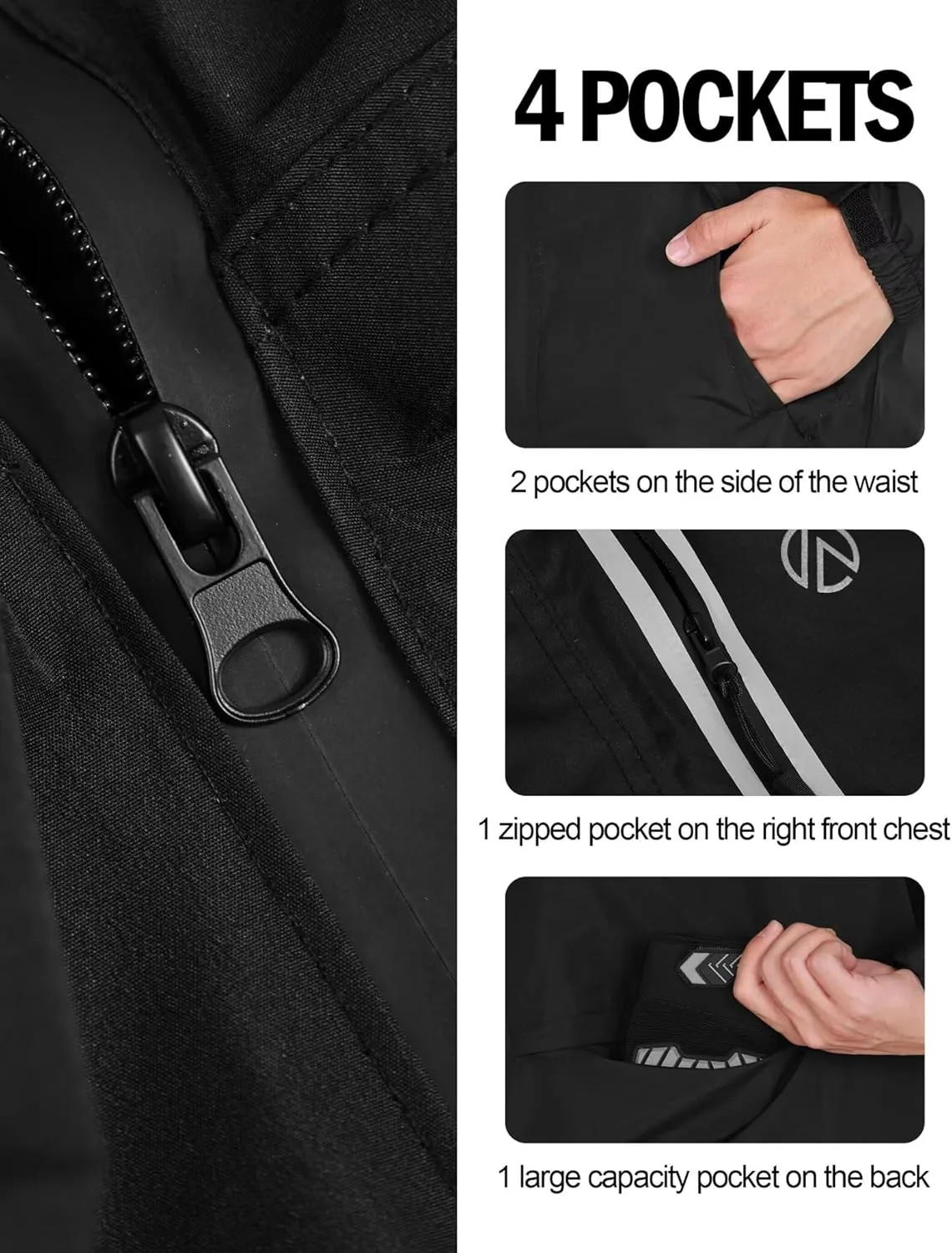 Men's Rain Jacket, Waterproof Windproof Reflective Hood Rain Coat, Lightweight Breathable Windbreaker with 4 Pockets