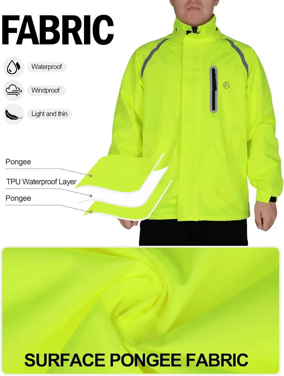 Men's Rain Jacket, Waterproof Windproof Reflective Hood Rain Coat, Lightweight Breathable Windbreaker with 4 Pockets