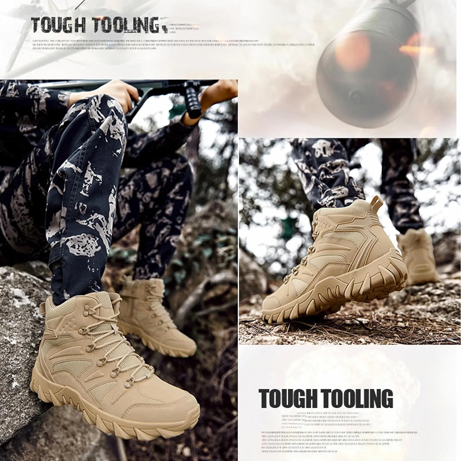 Men's Suede Platform Lace Up Hiking Boots Breathable Mesh Tactical Work Boots Non-Slip Lug Sole Side Zipper Military Boots Outdoor Trekking Backpacking Trails Boot