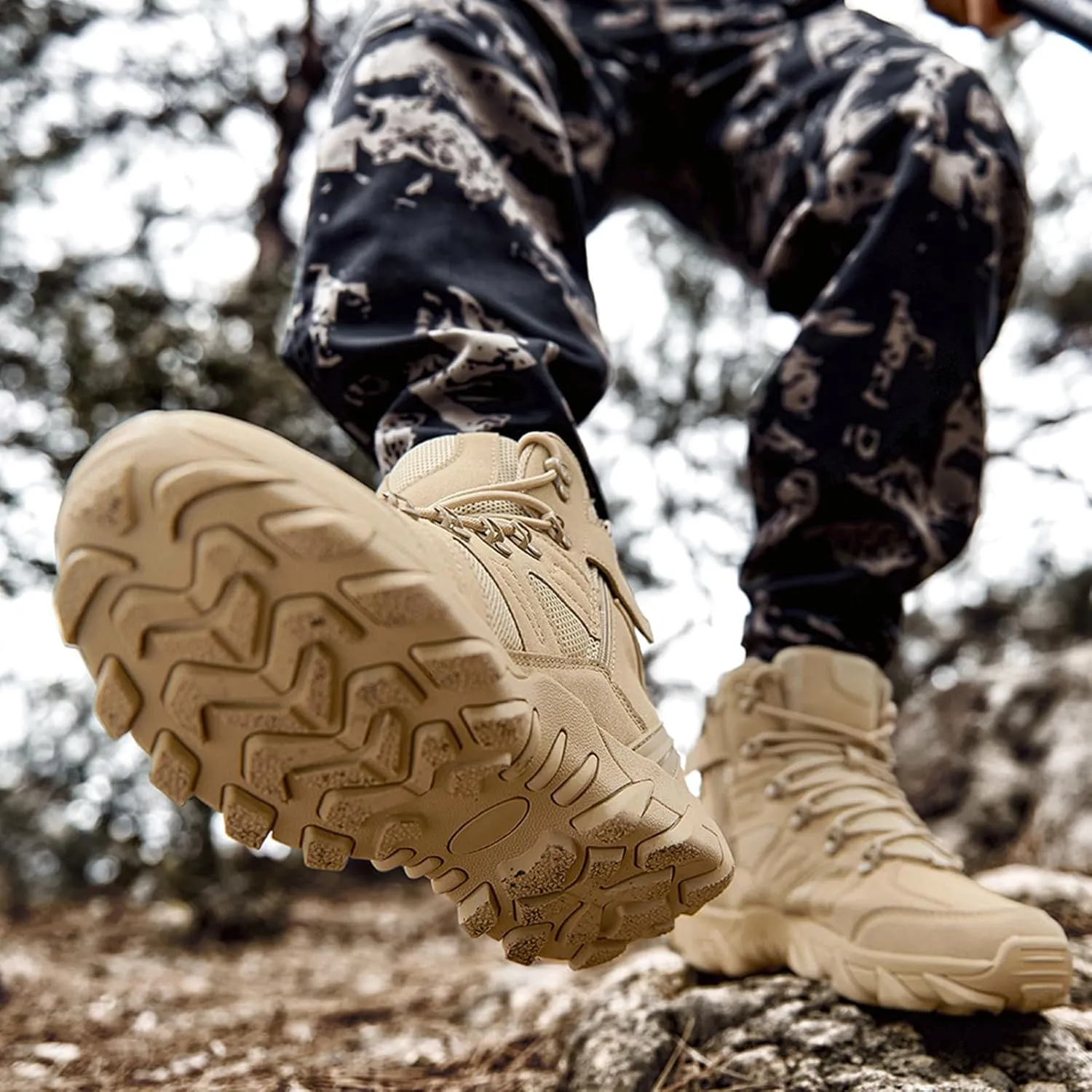 Men's Suede Platform Lace Up Hiking Boots Breathable Mesh Tactical Work Boots Non-Slip Lug Sole Side Zipper Military Boots Outdoor Trekking Backpacking Trails Boot