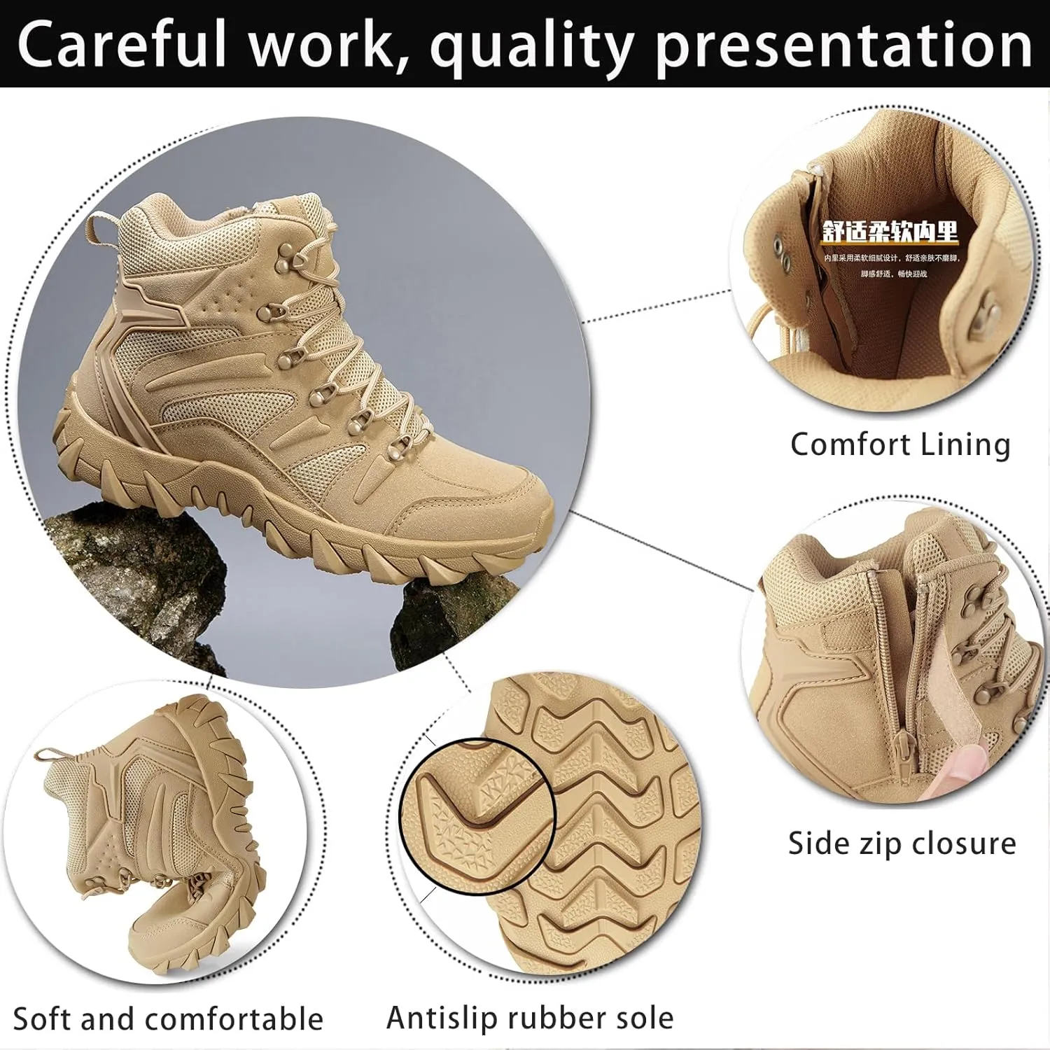 Men's Suede Platform Lace Up Hiking Boots Breathable Mesh Tactical Work Boots Non-Slip Lug Sole Side Zipper Military Boots Outdoor Trekking Backpacking Trails Boot