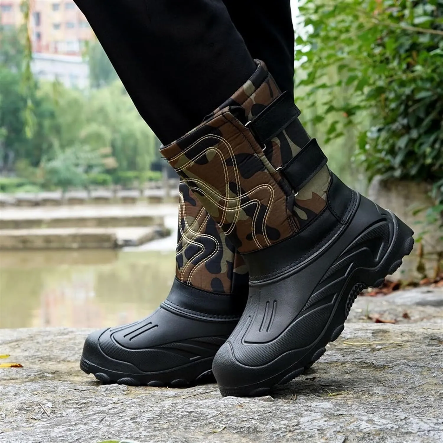Mens Waterproof Winter Boots, Men's Camouflage Non Slip Waterproof High Top Fur Lined Fishing Snow Boots, Durable Warm Outdoor Climbing Shoes, for Hiking Trekking Walking Camping