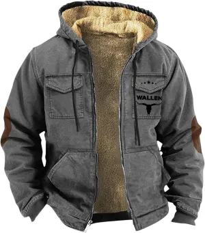 Men'S Winter Coats Plus Thickened Pocket Western Cowboy Printed Hooded Warm Cotton Jacket Fleece Sherpa Lineed