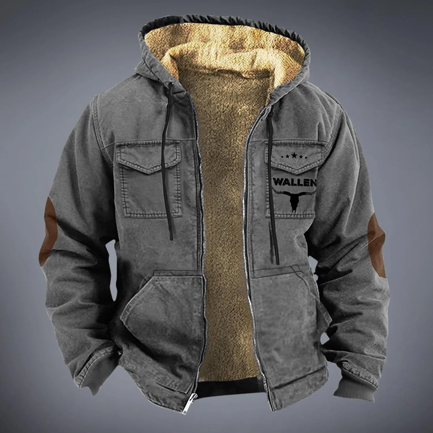 Men'S Winter Coats Plus Thickened Pocket Western Cowboy Printed Hooded Warm Cotton Jacket Fleece Sherpa Lineed