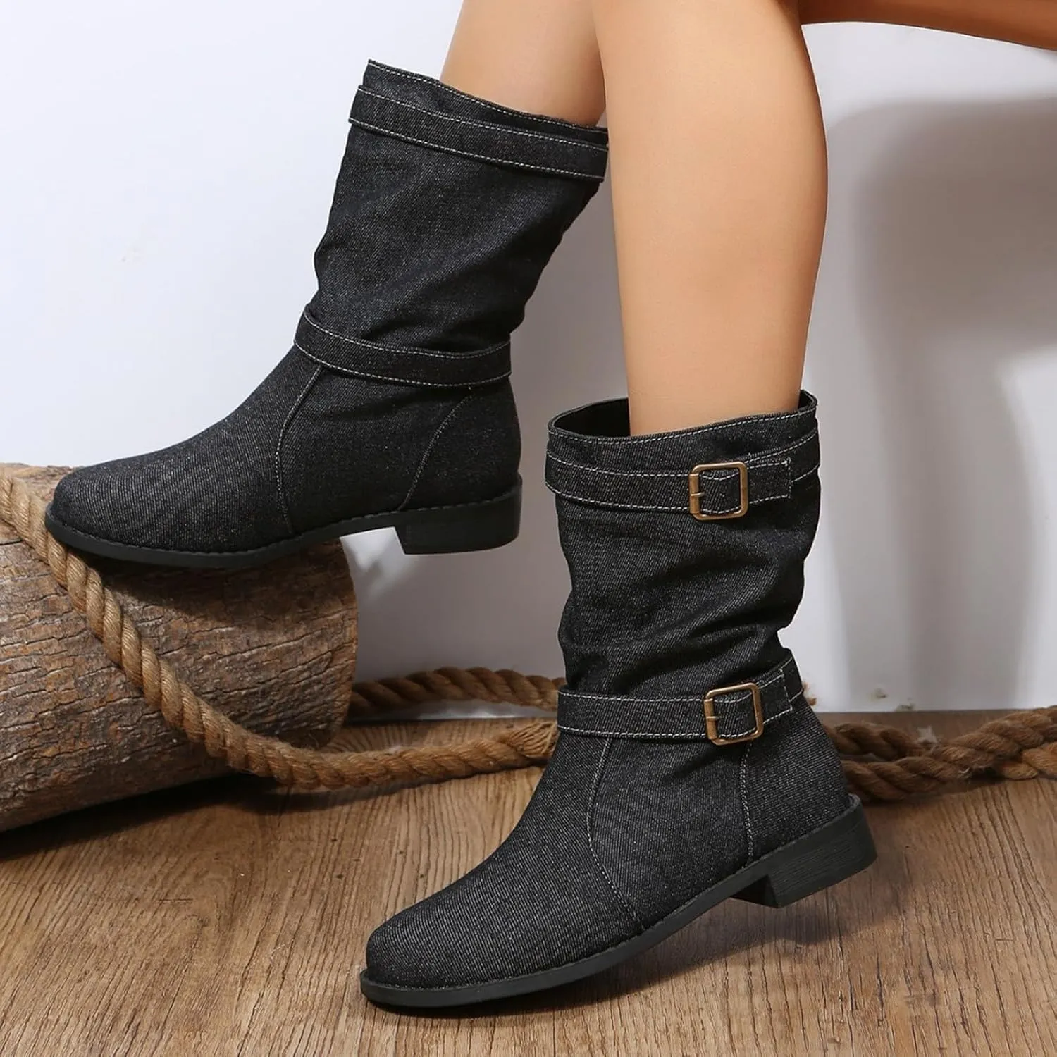 Mid Calf Boots for Women Round Toe Square Heel Ankle Boots for Women Low Heel Hiking Boots Women Waterproof