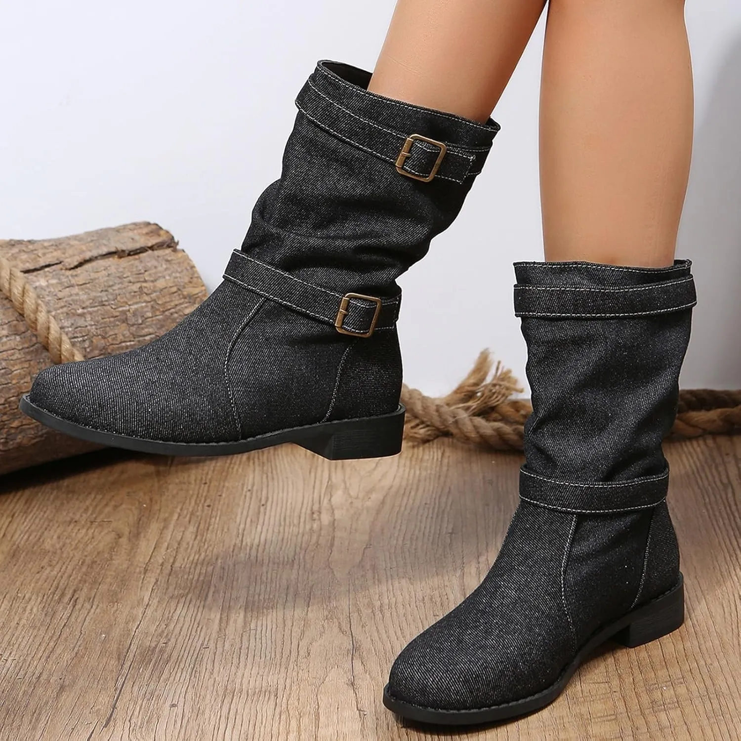 Mid Calf Boots for Women Round Toe Square Heel Ankle Boots for Women Low Heel Hiking Boots Women Waterproof
