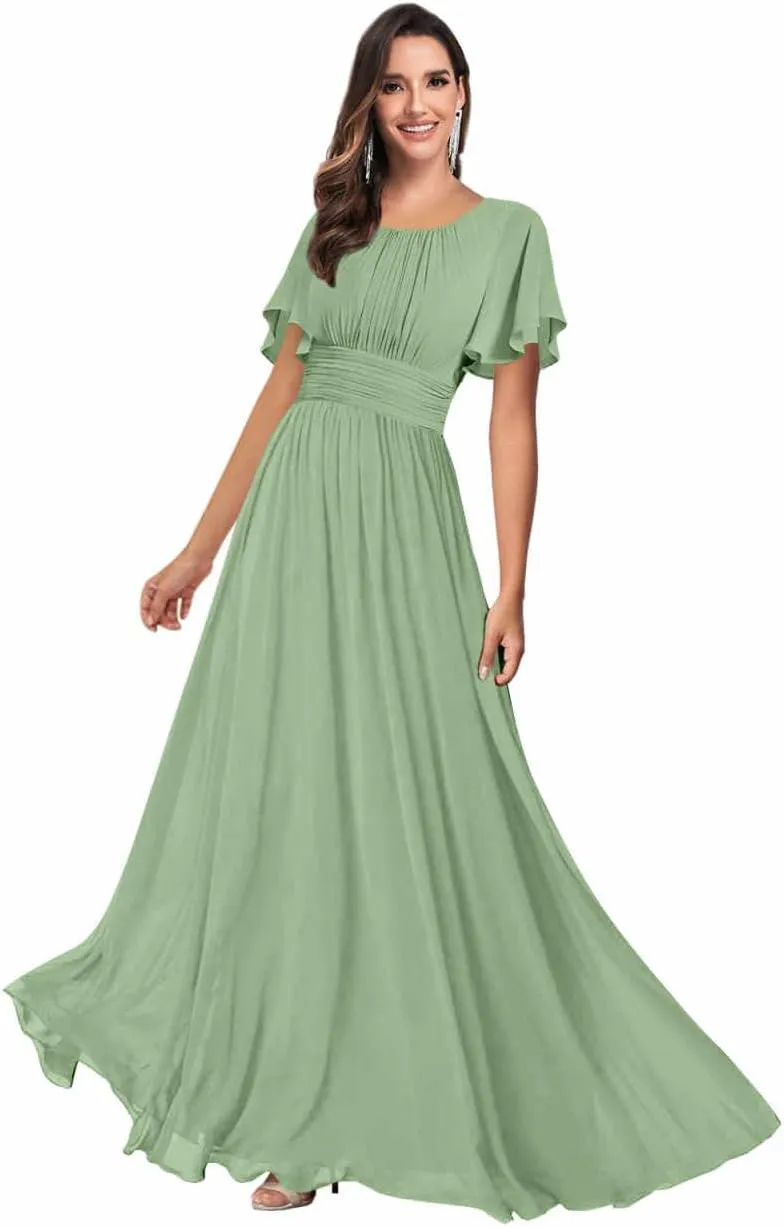 Modest Bridesmaid Dresses for Women Scoop Neck Short Sleeve A Line Chiffon Wedding Guest Dress Formal Gowns