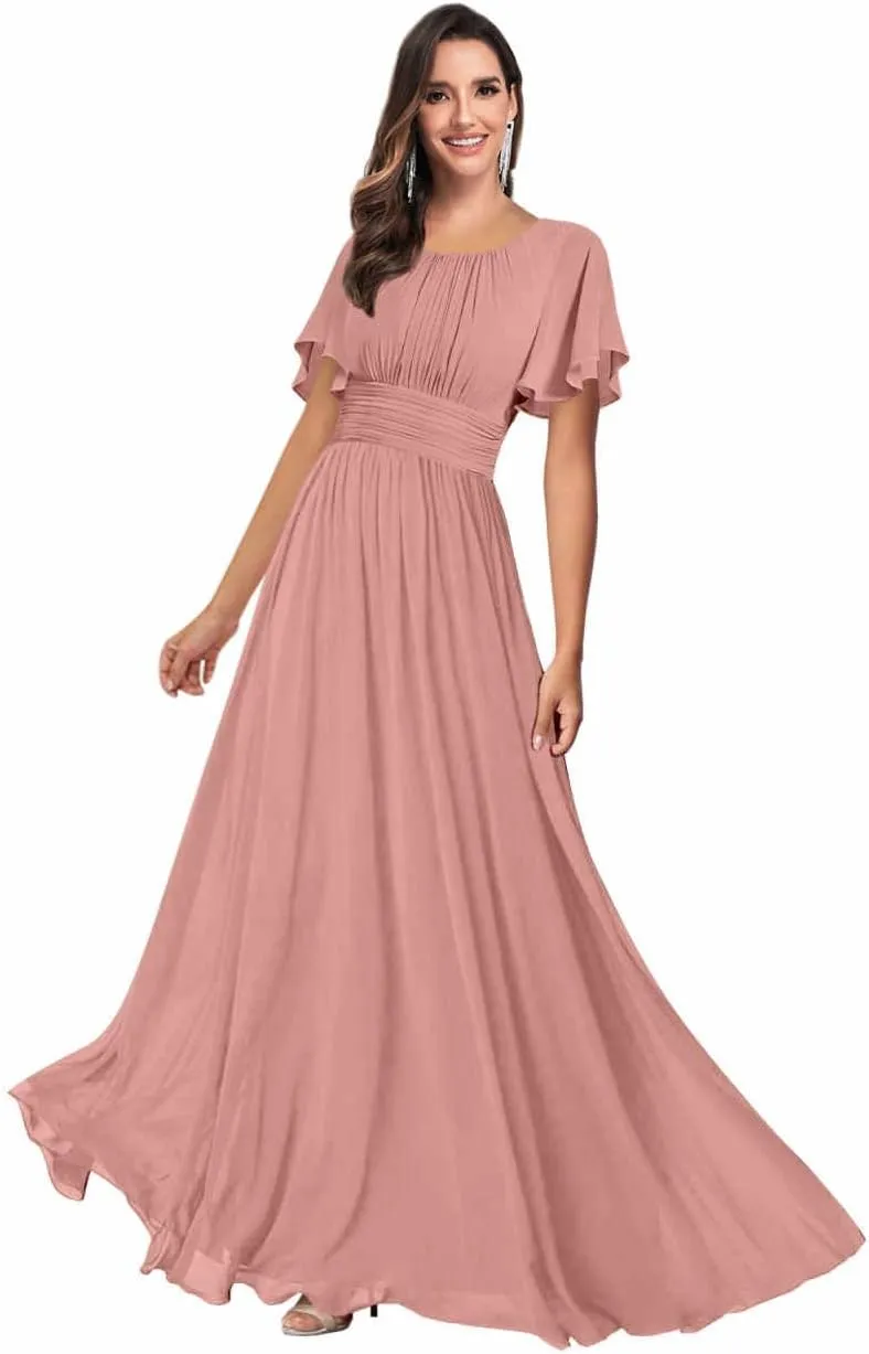 Modest Bridesmaid Dresses for Women Scoop Neck Short Sleeve A Line Chiffon Wedding Guest Dress Formal Gowns