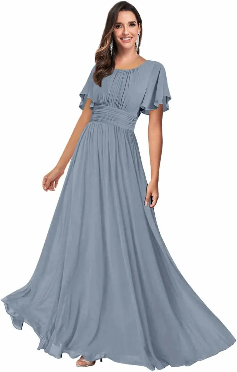 Modest Bridesmaid Dresses for Women Scoop Neck Short Sleeve A Line Chiffon Wedding Guest Dress Formal Gowns