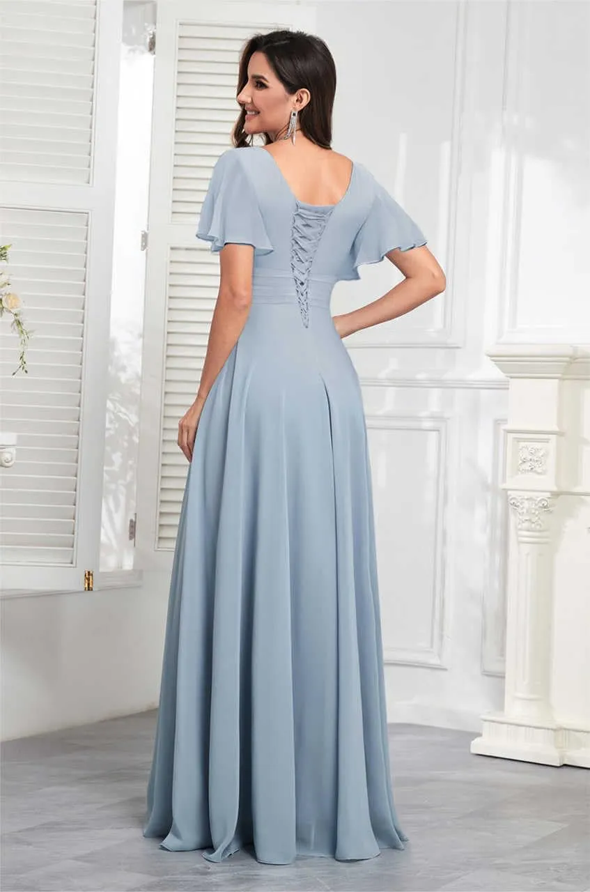 Modest Bridesmaid Dresses for Women Scoop Neck Short Sleeve A Line Chiffon Wedding Guest Dress Formal Gowns