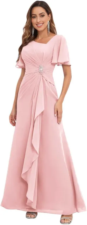 Mother of The Bride Dresses for Wedding Asymmetrical Neckline Ruffled Sleeve Fitted Chiffon Long Formal Dress