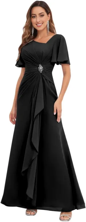 Mother of The Bride Dresses for Wedding Asymmetrical Neckline Ruffled Sleeve Fitted Chiffon Long Formal Dress
