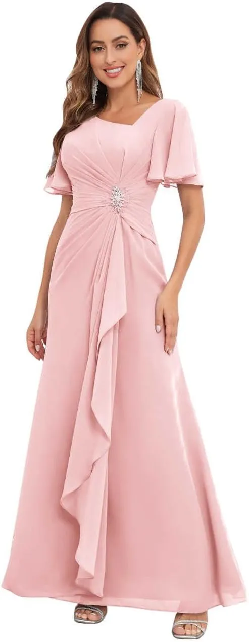 Mother of The Bride Dresses for Wedding Asymmetrical Neckline Ruffled Sleeve Fitted Chiffon Long Formal Dress