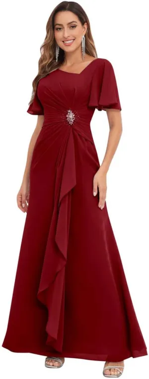 Mother of The Bride Dresses for Wedding Asymmetrical Neckline Ruffled Sleeve Fitted Chiffon Long Formal Dress
