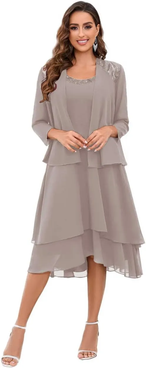 Mother of The Bride Dresses for Wedding Scoop Neck A Line Tea Length Chiffon Women's Formal Dress with Jacket