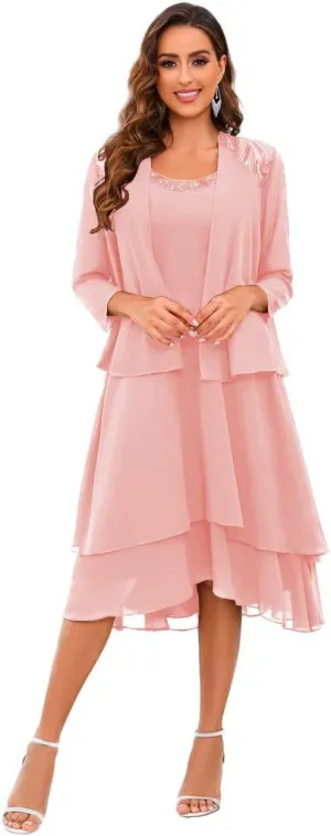 Mother of The Bride Dresses for Wedding Scoop Neck A Line Tea Length Chiffon Women's Formal Dress with Jacket