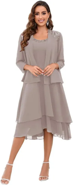 Mother of The Bride Dresses for Wedding Scoop Neck A Line Tea Length Chiffon Women's Formal Dress with Jacket