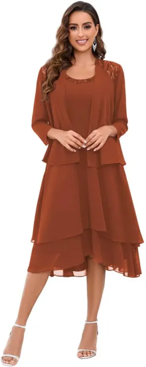 Mother of The Bride Dresses for Wedding Scoop Neck A Line Tea Length Chiffon Women's Formal Dress with Jacket