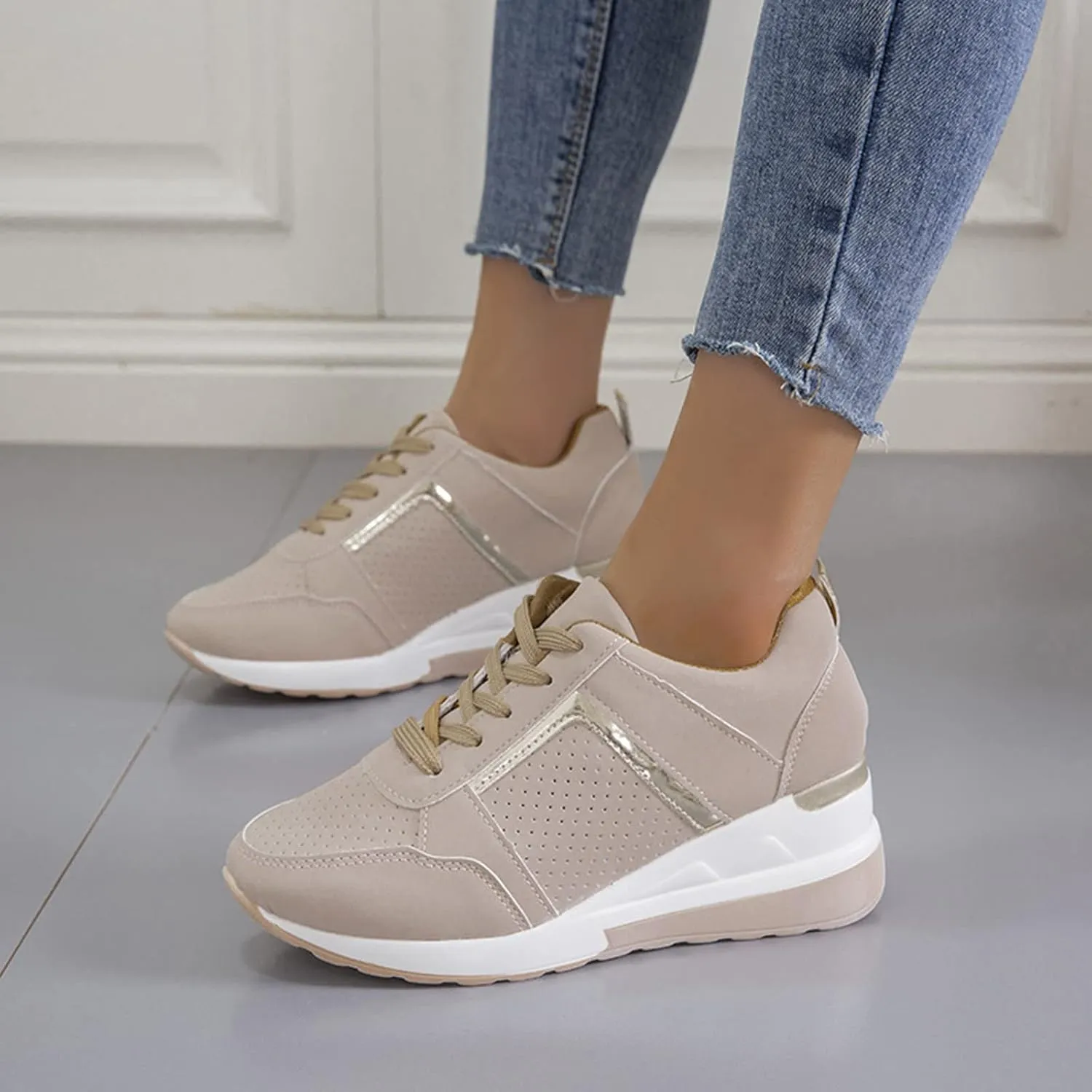 Non Slip Gym Workout Shoes Ladies Summer Fashion Leather Lace Up Round Head Comfortable Fashion Sneakers