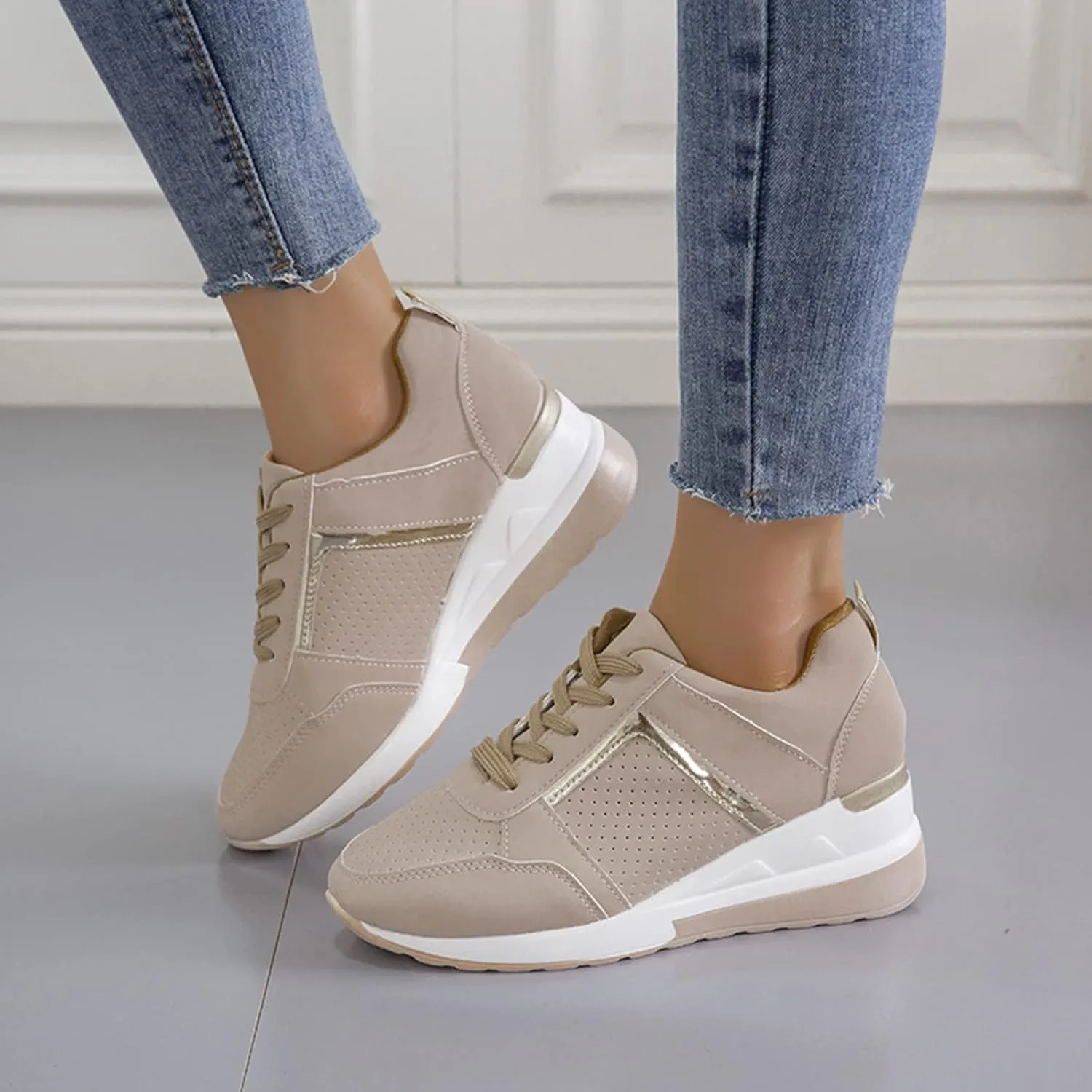 Non Slip Gym Workout Shoes Ladies Summer Fashion Leather Lace Up Round Head Comfortable Fashion Sneakers