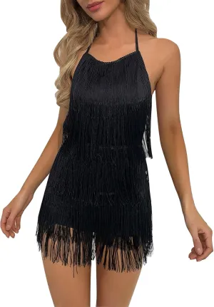 ODIZLI Sexy Backless Fringe Dress Jumpsuit - Womens Club Boho Tassel Tiered Halter Playsuit Festival Bodysuit Romper