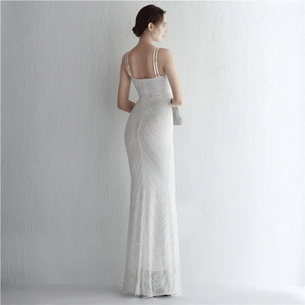 Off Shoulder Mermaid Prom Gown Women Bodycon Sequins Maxi Evening Dress with Detachable Chiffon Party Formal Wedding
