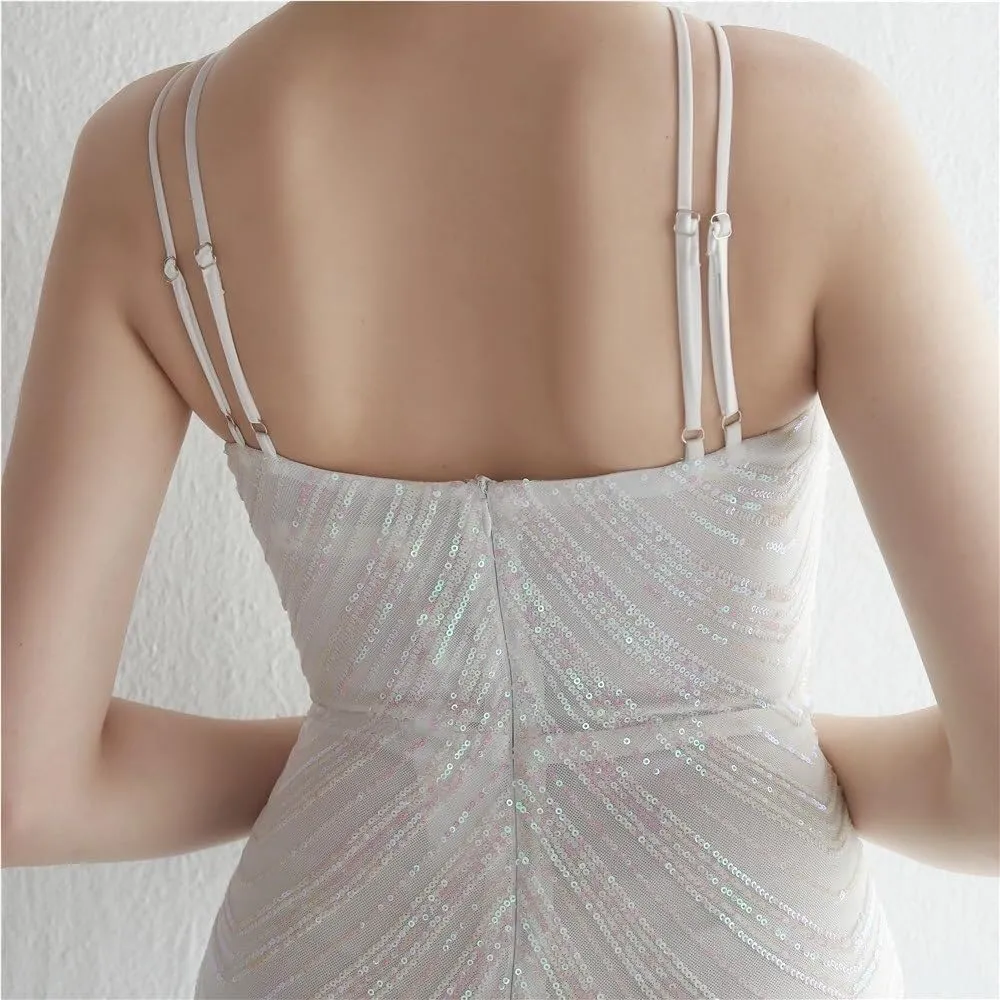 Off Shoulder Mermaid Prom Gown Women Bodycon Sequins Maxi Evening Dress with Detachable Chiffon Party Formal Wedding