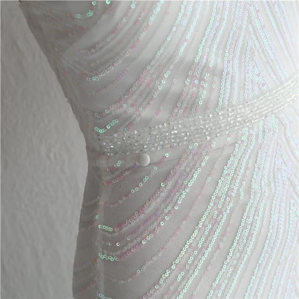 Off Shoulder Mermaid Prom Gown Women Bodycon Sequins Maxi Evening Dress with Detachable Chiffon Party Formal Wedding
