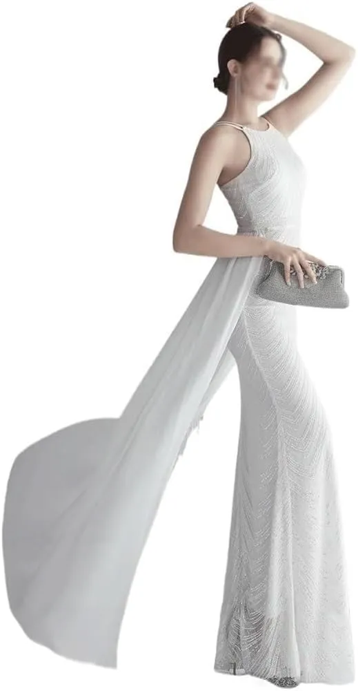 Off Shoulder Mermaid Prom Gown Women Bodycon Sequins Maxi Evening Dress with Detachable Chiffon Party Formal Wedding