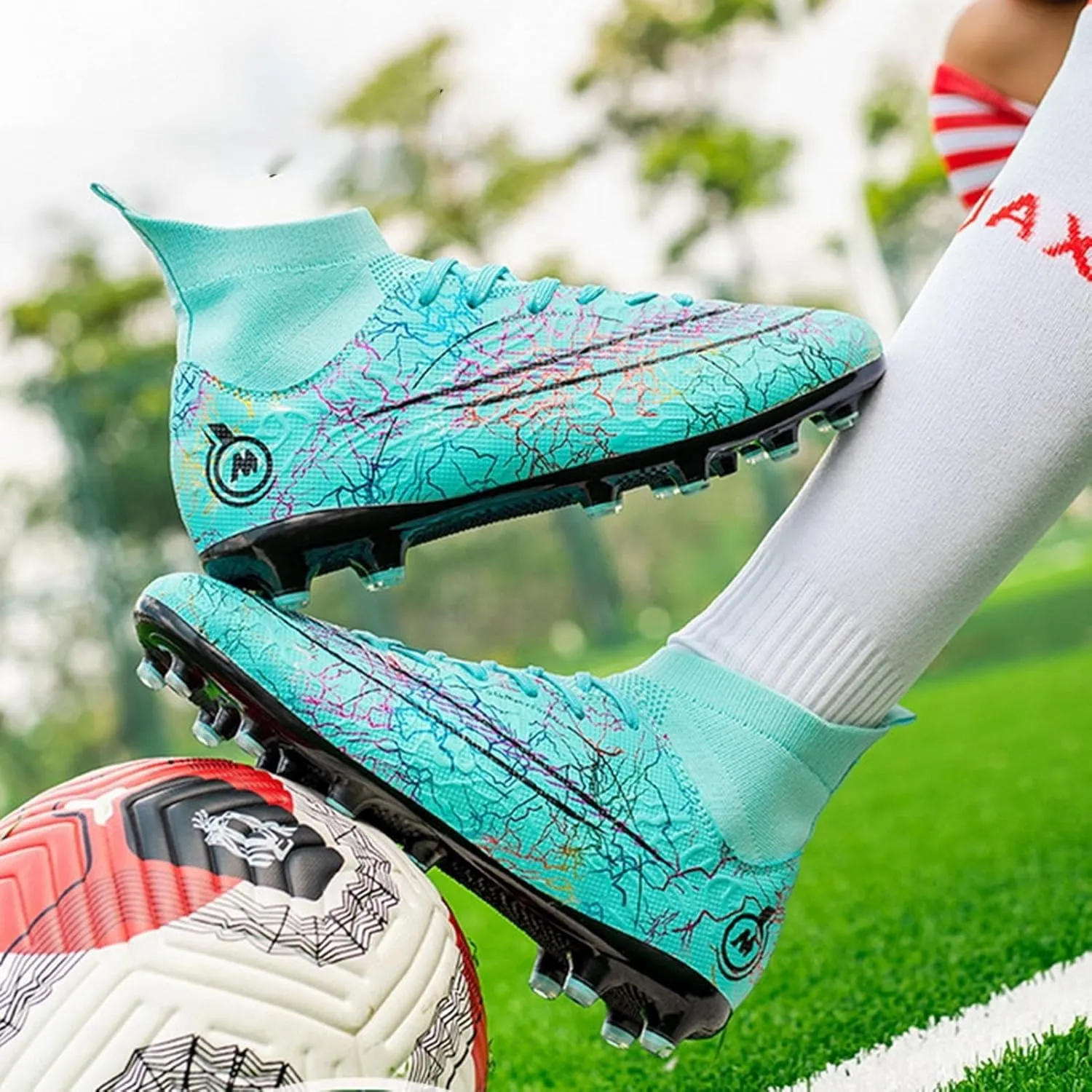 Outdoor Turf Training Football Cleats Unisex-Adult, Soccer Cleats Lightweight Breathable, High Top Ground Lace Up Training Sneakers