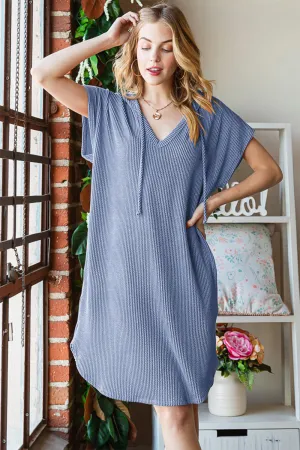 Ribbed Short Sleeve Hooded Dress Vintage Denim