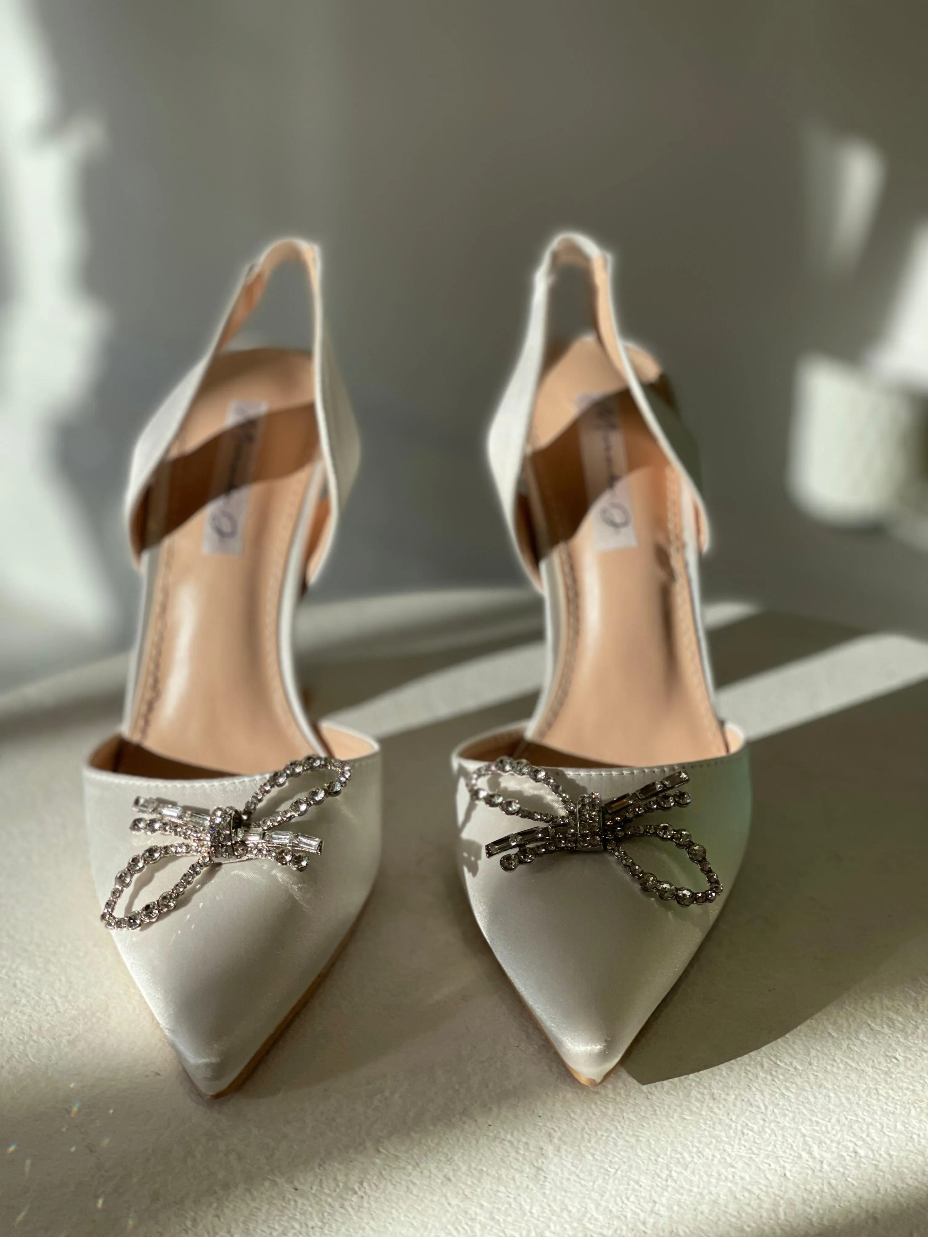 Rosie Crystal Embellished Satin Pumps in White
