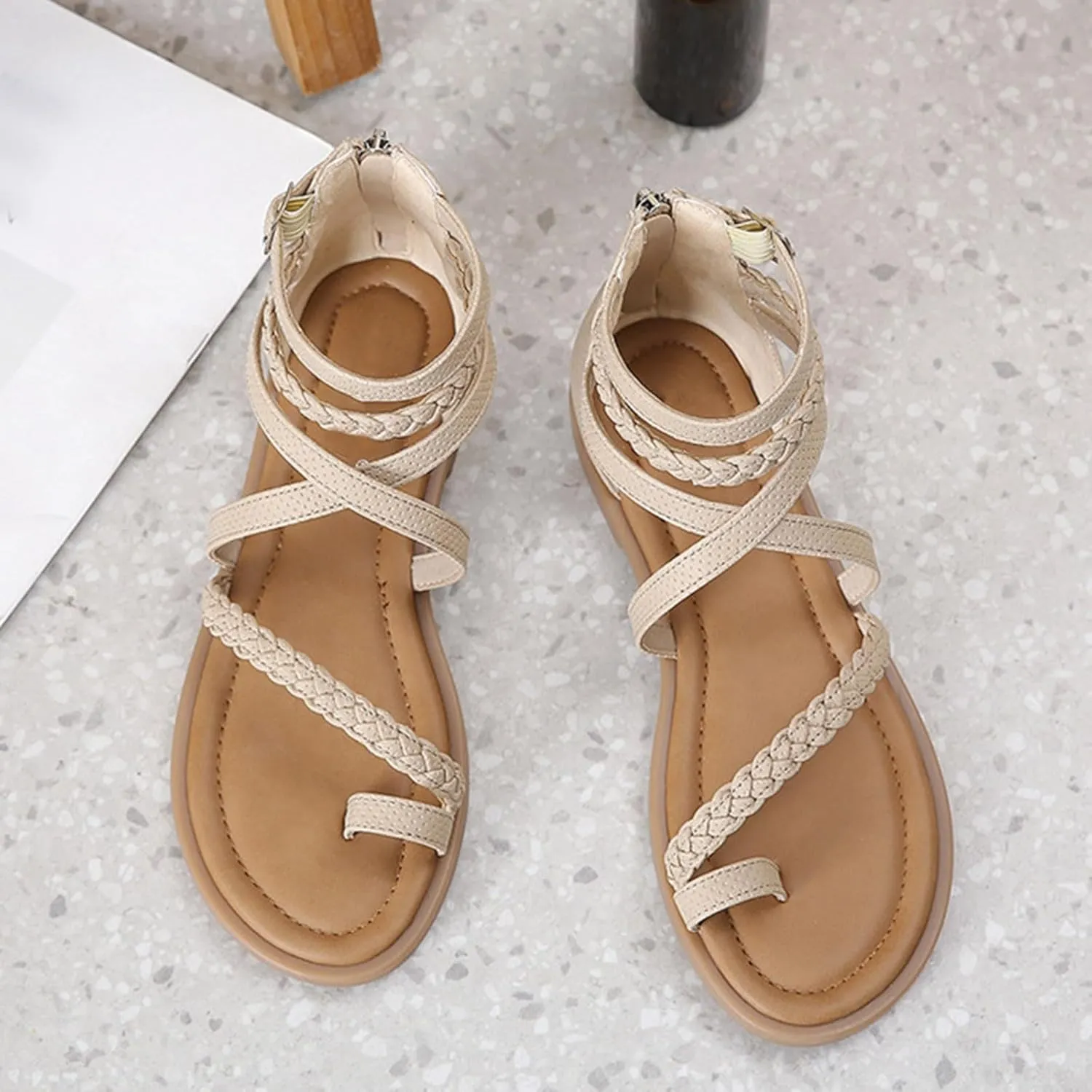 Sandals For Women 2025 Gladiator Sandal Ankle Buckle Flats Back Zipper Strappy Open Toe Summer Orthopedic Flat Shoes