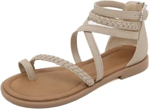 Sandals For Women 2025 Gladiator Sandal Ankle Buckle Flats Back Zipper Strappy Open Toe Summer Orthopedic Flat Shoes