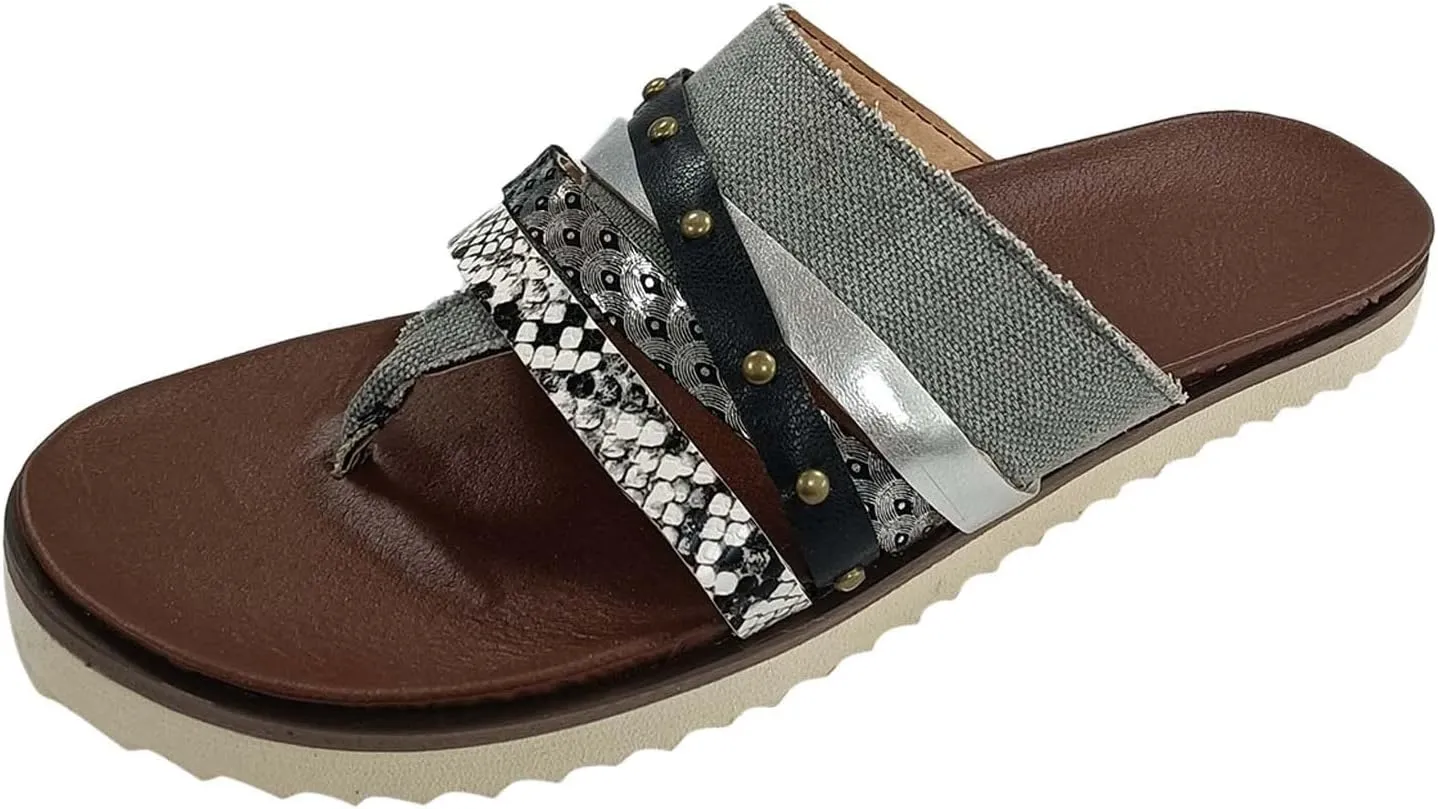 Sandals for Women Casual Summer 2023 Orthopedic, Brown Sandals Women Comfortable Leather Sandals Ring Toe Print Flat Flip Flops Wide Width Retro Thong Beach Shoes Dressy