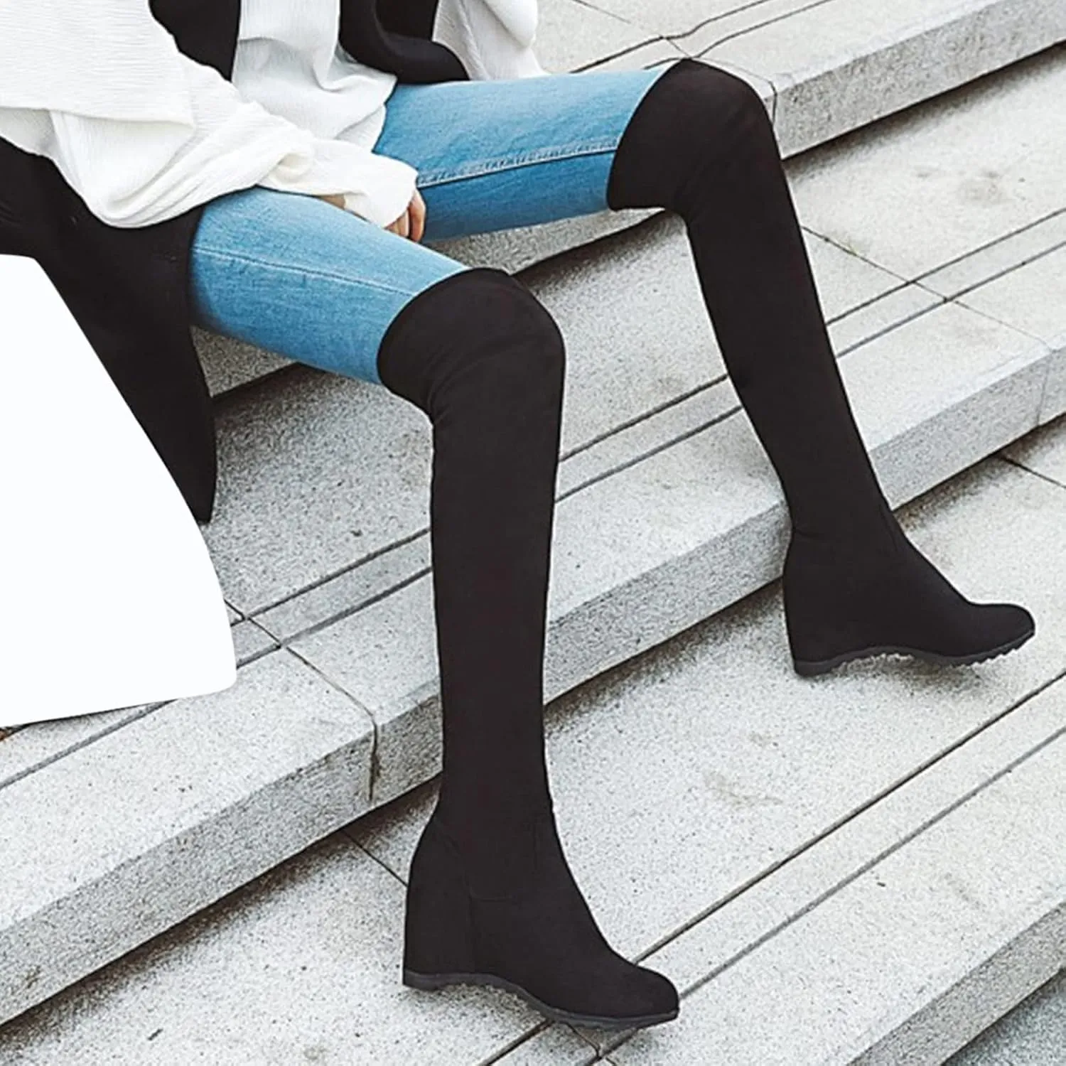 SBGMoSJ Boots for Women Over the Knee Thigh High Boots Pointed Toe Knitting Block Heel Stretchy Long Winter Fall Boots Cowgirl Boots Wide Calf Winter Fashion Booties Solid Color Long Boots