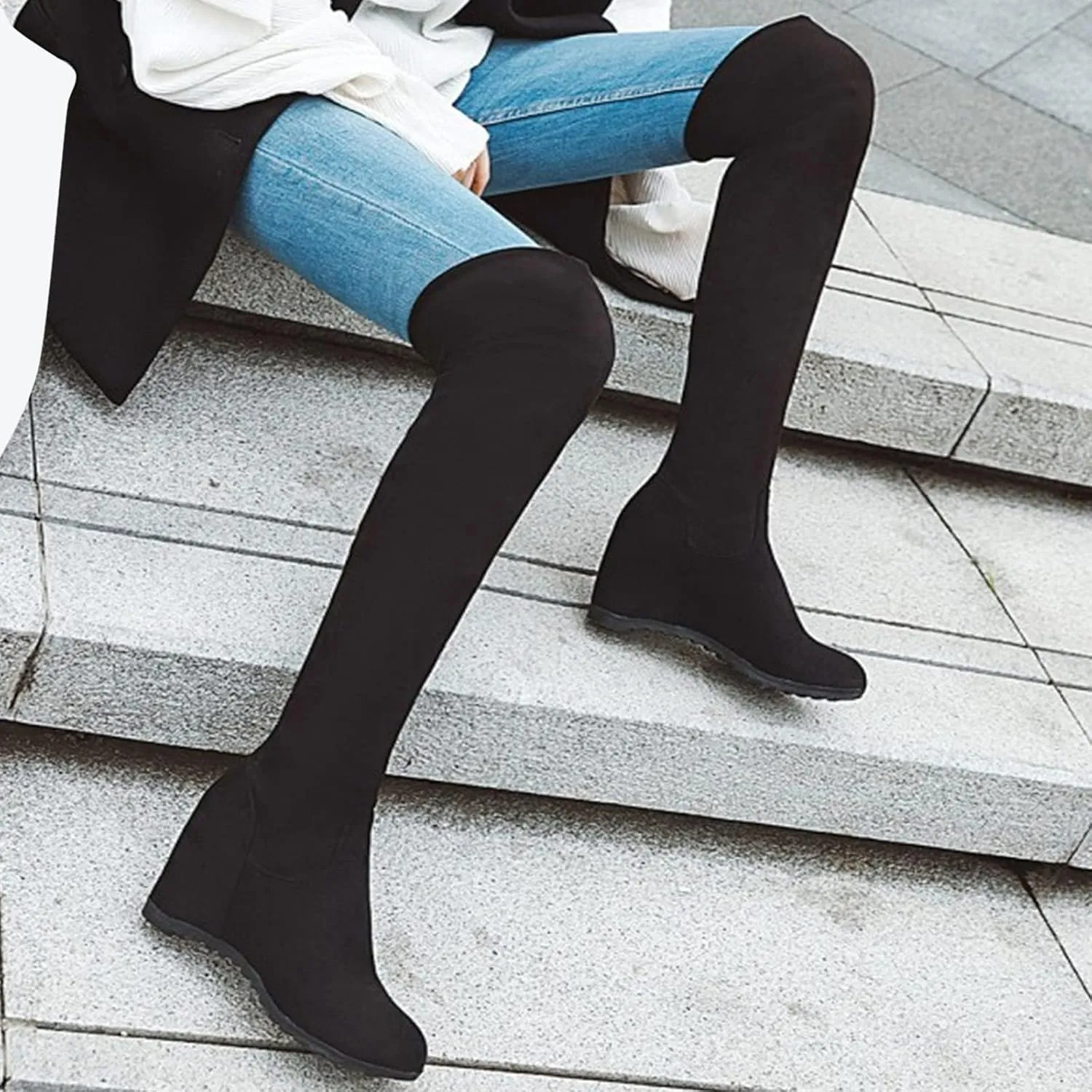 SBGMoSJ Boots for Women Over the Knee Thigh High Boots Pointed Toe Knitting Block Heel Stretchy Long Winter Fall Boots Cowgirl Boots Wide Calf Winter Fashion Booties Solid Color Long Boots