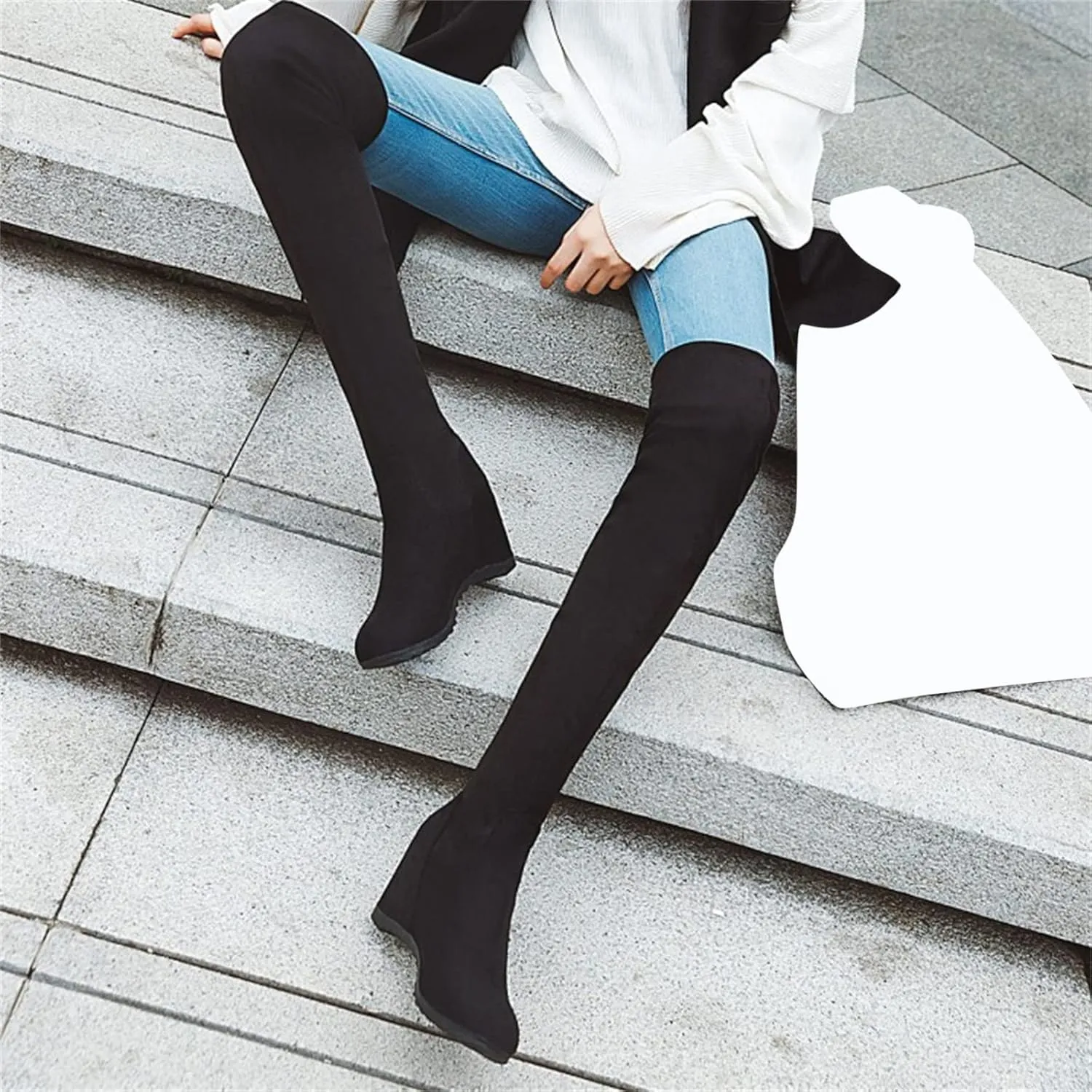 SBGMoSJ Boots for Women Over the Knee Thigh High Boots Pointed Toe Knitting Block Heel Stretchy Long Winter Fall Boots Cowgirl Boots Wide Calf Winter Fashion Booties Solid Color Long Boots