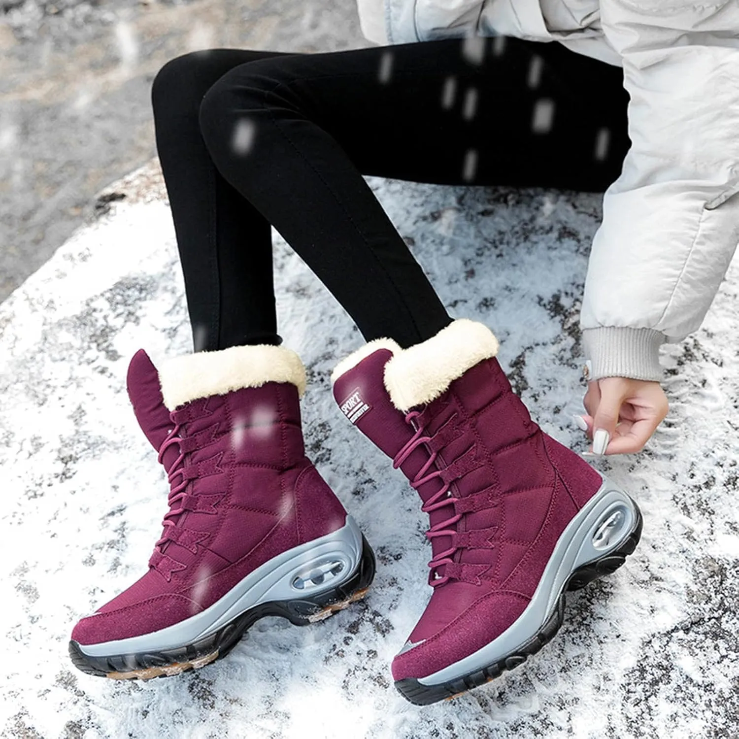 SBGMoSJ Slip on Winter Boots for Women Ankle Booties Women's Duck Boots Waterproof Black Winter Boots Women Size 8 Slip on Dressy Winter Boots for Women Low Heel Botas Para Mujer De Invierno Largas