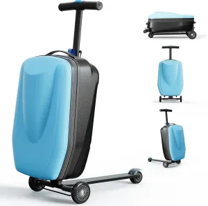Scooter Kids' Luggage, Foldable Carry On Suitcase with Telescopic Handle for Travel, Multifunctional Ride On Lightweight Kids Luggage with Wheels, Light Blue