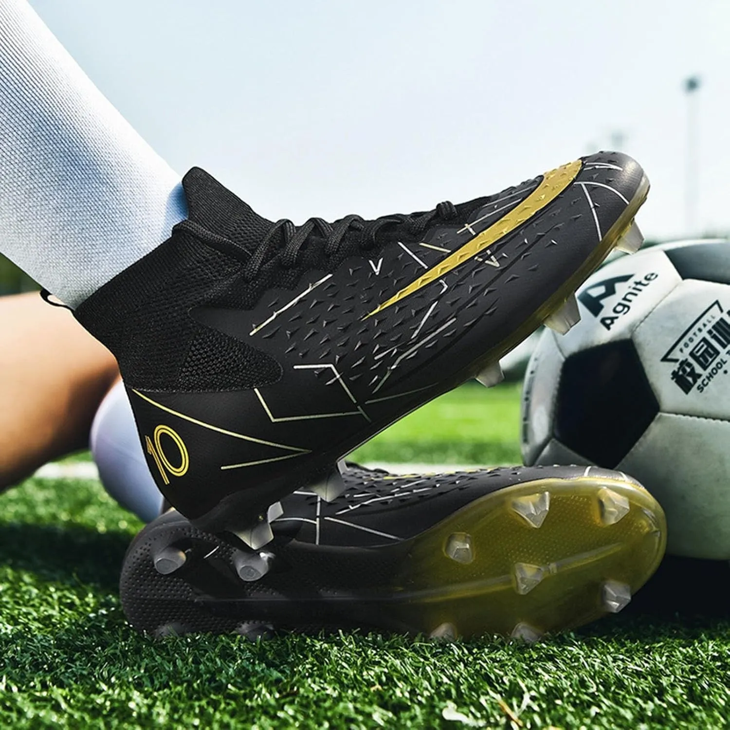 Soccer Cleats Professional Wide Competition, Football Cleats Lightweight High Top Turf Training for Big Boys Youth