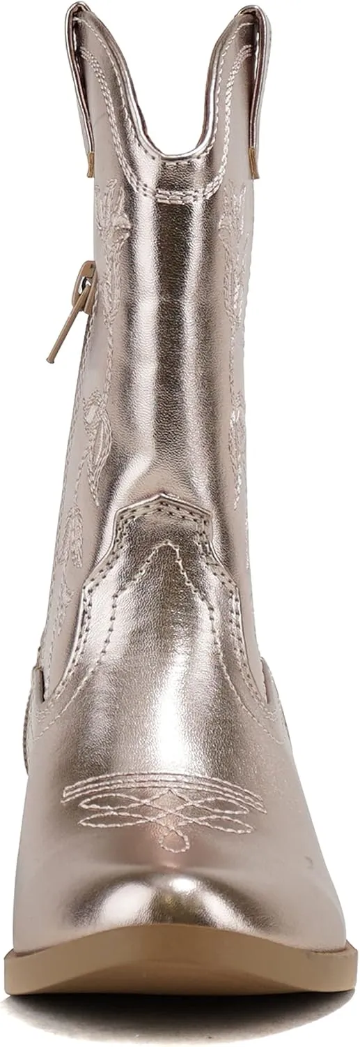 Soda INCH-2 Kids/Girls/Children Western Cowboy Stitched Pointe Toe Block Low Heel Ankle Mid Shaft Fashion Boots